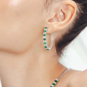 18K White Gold Designer Emerald & Diamond Chunky Drop Earrings-Trendy Gift - Product Image 4