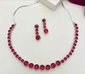 Fabricant indien en acier inoxydable AD CZ plaqué argent rond simple ligne pierre verte mode bijoux collier femmes accessoires - Product Image 3