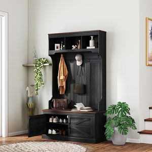 Albero 3-in-1 Hall con deposito di scarpe, appendiabiti con panca, mobili d'ingresso con cinque ganci, venature del legno nero - Product Image 2