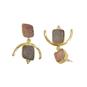Boucles d'oreilles pendantes en pierre naturelle, base en laiton plaqué or 18 carats, forme de lune, design classique, bijoux de fiançailles pour femmes, faits à la main, légers - Product Image 2