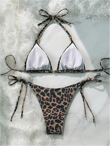 Conjunto de Bikini con Estampado de Leopardo para Mujer, Top Halter con Lazos Laterales, Parte Inferior de Spandex y Poliéster, Traje de Baño de Dos Piezas Elástico - Product Image 2