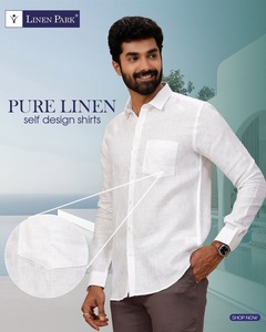 Chemise décontractée d'été pour homme en lin 100 % écologique, manches longues, col rabattu, tissu naturel blanc, fermeture à bouton unique - Product Image 2