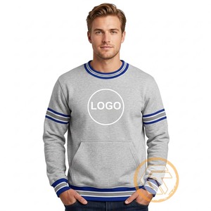 เสื้อสเวตเชิ้ตคอกลมสีเทาสำหรับผู้ชาย ลายทางสีน้ำเงิน มีกระเป๋า ทรงปกติ สวมใส่สบาย ผลิตจากผ้าฝ้ายฟลีซ 100% แห้งเร็ว ระบายอากาศได้ดี เหมาะสำหรับฤดูหนาว - Product Image 1