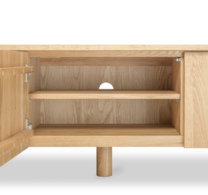 Meuble TV minimaliste en teck avec tiroir et porte coulissante, console multimédia moderne en bois, unité de divertissement pour salon - Product Image 5