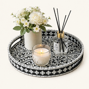 Plateau de service rond noir moderne en nacre incrustée de motifs floraux, plateau décoratif pour table basse, vente en gros - Product Image 3