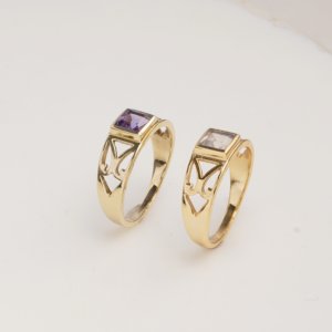 Natural Amethyst Square Cut Ring Gold Tone Geometric Band Minimal Vintage Style Handmade Designer Jewelry Ring for Women - Product Image 3