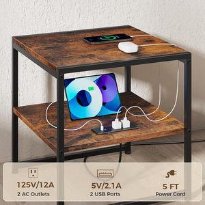 Rustic Brown Square Side Table with USB Ports & Outlets, Versatile Mini Fridge Table <b>Printer</b> <b>Stand</b>... - Product Image 2