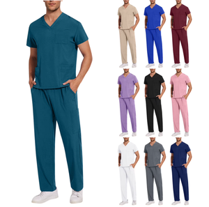 Ensemble de blouses médicales pour hommes, haut à manches courtes et col en V avec poches et pantalon élastique, uniforme d'infirmière, vêtements de travail médicaux - Product Image 1