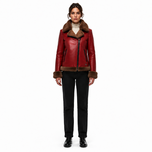 Women's Premium Eco-friendly Ultra-supple Solid Scarlet Red <b>Sheepskin</b> B-6 Pilot <b>Jacket</b> Stand Minimalist Leather Shearling Bomber - Product Image 1