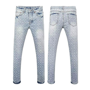 Jeans vintage pour hommes de créateurs, motifs brodés, tissu jacquard en denim, vente en gros, coupe droite, tricoté, taille mi-haute - Product Image 1