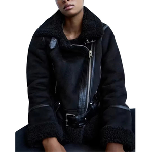 Women's Autumn Winter Moto <b>Jacket</b> Breathable Faux Fur Leather Coat with Warm Lapel <b>Suede</b> Streetwear-Bonded Processing - Product Image 4