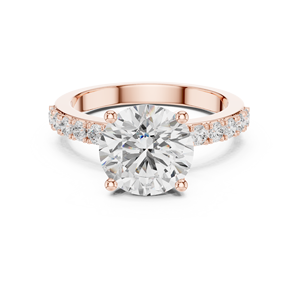 Bague de fiançailles et de mariage pour femme en or rose, solitaire rond brillant avec bande pavée de diamants - Product Image 1