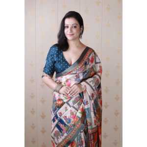 ผ้าไหมทัสซาร์สีน้ำเงินกรมท่าพิมพ์ลายคาลัมคารีแบบหนา พร้อมขอบผ้าทอแบบซารี  ชุดราตรี - Product Image 3