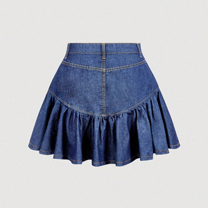 Empire Waist Women's <b>Denim</b> A-Line <b>Knee</b>-<b>Length</b> <b>Skirt</b> with Ruffles Solid Color Casual Breathable Summer Woven Fabric - Product Image 2