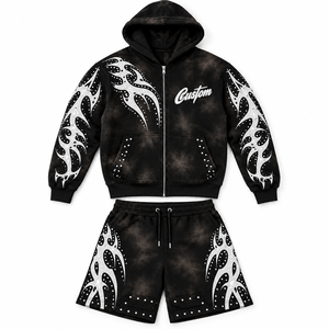 Conjunto de Sudadera y Pantalones Cortos para Hombre con Diseño Gráfico Personalizado, Hombros Caídos, Pedrería, Algodón, Felpa, Estilo Deportivo - Product Image 4