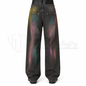 Jeans pour hommes personnalisés, noirs délavés, taille mi-haute, coupe ample, en denim épais, effet délavé par pulvérisation de couleur, style streetwear, vente en gros - Product Image 2