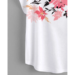 Camiseta de mujer transpirable con estampado floral, manga murciélago, hombros descubiertos y bajo redondo, estilo casual y versátil a la moda. - Product Image 4
