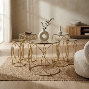 Modern Luxury <b>Gold</b> Metal Wire Frame Nested <b>Coffee</b> <b>Table</b> Set of 5 Round <b>Glass</b> Top Accent Side <b>Tables</b> Living Room Furniture - Product Image 3