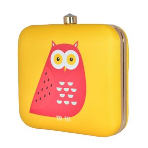 Owl Print Clutch Metal <b>Frame</b> Hard Case with Satin Digital Fabric Raw Silk Interior and Crystal Stone Lock 7 x 6.5 Inc - Product Image 2