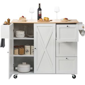 Carrello da Cucina Regolabile da 115 cm con Piano in Legno Massello, Mobiletto Mobile con Ruote e Porta Spezie - Product Image 1