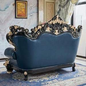 Juego de Sofá Cama de Lujo Plaza, Azul Real con Detalles Dorados, Madera de Caoba Tallada, Relleno de Esponja, Muebles Clásicos Franceses para Sala de Estar - Product Image 4