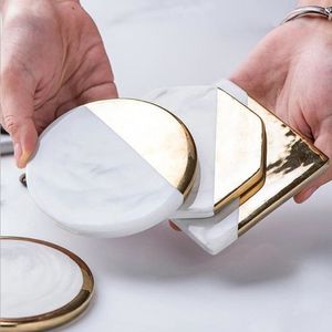 Luxury White Marble Drink Coaster Set with Gold Inlay Round Square Ceramic Cup Mats <b>Pad</b> Table <b>Heat</b> Resistant Home Bar Decor - Product Image 1