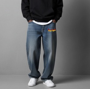 Men's Blue Straight Leg <b>Jeans</b> With Embroidered Brand Logo <b>Elastic</b> <b>Waist</b> Casual Style Stonewashed Midweight Cotton Pants - Product Image 5
