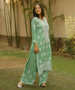 Green Rayon Embroidered Kurta Palazzo Set Women Indian Wear V Neck Long Sleeve Traditional Casual Outfit - Product Image 3
