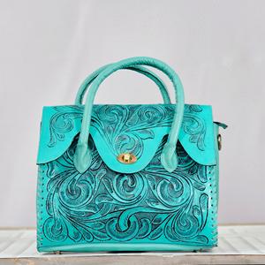 Bolso Tote de Cuero Genuino Turquesa con Patrón Floral Grabado, Estilo Bohemio, Cierre de Broche, Uso Diario, Todas las Temporadas - Product Image 2
