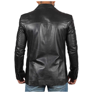 Men Double Breasted V-neck Black Leather <b>Blazer</b> Casual Full Length Sleeve Regular Fit Autumn Style Lightweight Jacket - Product Image 2