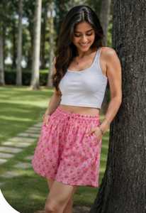 High Quality Pink Floral <b>Women</b> Cotton <b>Shorts</b> Soft Elastic Drawstring Casual Beach Plus Size Lightweight Summer Loungewear - Product Image 5