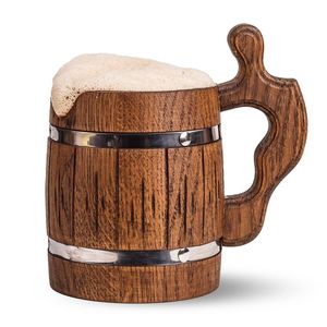Chope à bière en bois faite à la main, écologique, en forme de baril, avec poignée sculptée, double paroi, pour bar, restaurant, fête - Product Image 4