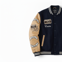 ELIOT BRGS. Veste universitaire marine pour homme avec manches beiges, patch brodé, style vintage, pour l'automne