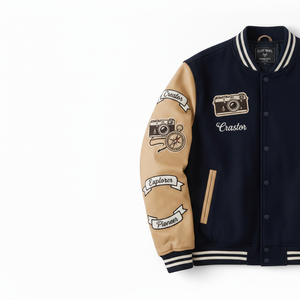 ELIOT BRGS. Men's Navy Varsity <b>Jacket</b> With Tan Sleeves Embroidered Patch Design Vintage Style Autumn Wear - Product Image 5