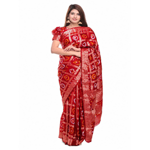 <b>Red</b> Banarasi Silk <b>Saree</b> Printed Traditional Indian Dress for Wedding Party Women - Product Image 1
