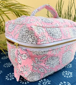 Pink Floral Cotton Quilted Cosmetic Bag With Zipper Closure Soft Handle Medium Size Bohemian Style Portable <b>Vanity</b> <b>Case</b> - Product Image 1