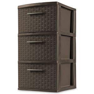 Cassetti portaoggetti in plastica a torre intrecciata marrone a 3 cassetti con manici a strappo carrello decorativo - Product Image 2