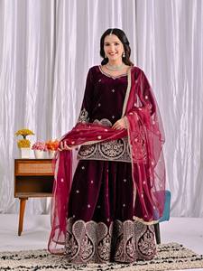 Velvet Embroidered Women Salwar Kameez Set with <b>Net</b> Dupatta Sleeveless <b>Top</b> Quick Dry Traditional Indian Outfit for Wedding Party - Product Image 3