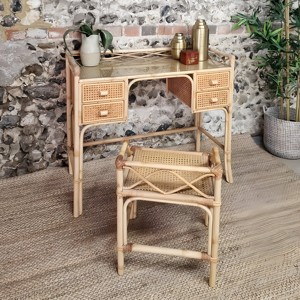 Antique style natural rattan dressing tables wholesale wicker <b>makeup</b> <b>vanity</b> table & chair set for girls - Product Image 6