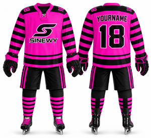 Ensemble de maillot de hockey sur glace SINEWY à manches longues rayé rose et noir, respirant, personnalisé, unisexe, vêtements pour adultes en coton/bambou - Product Image 1