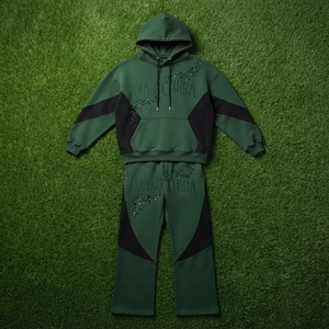 Ensemble survêtement personnalisé pour homme, vert foncé avec empiècements noirs, en molleton de coton, style streetwear, vente en gros OEM - Product Image 5