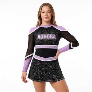 Ensemble d'uniformes de cheerleading personnalisés avec strass, trois tons, polyester, nylon, élasthanne, durable, tenue professionnelle pour équipe de cheerleading - Product Image 1
