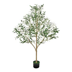 Arbre d'olivier artificiel de 1,5 m de haut avec feuilles vertes réalistes et fruits, pot noir pour intérieur/extérieur avec tronc en bois naturel, arbre artificiel - Product Image 1