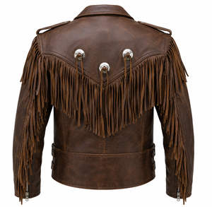 Retro Men's Brown Leather Fringe Biker <b>Jacket</b> With Fringes Turn-down Collar Regular Fit Autumn Style Old Western Classic - Product Image 2