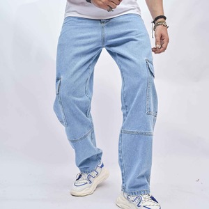Pantalones Cargo de Mezclilla para Hombre, Corte Holgado, Lavado Claro, con Bolsillos Laterales Grandes, Estilo Urbano, Casual - Product Image 6