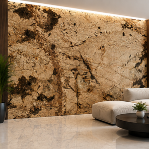 Grandes dalles de marbre Calcite poli, motif veines noir, blanc et vert, écologiques, pour mur de salon moderne, design 3D, collection EXOTIC GOLDS - Product Image 1