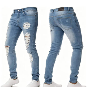 Jean en denim déchiré pour homme, coupe droite, taille haute, respirant, écologique, séchage rapide, en coton, style décontracté, automne - Product Image 4