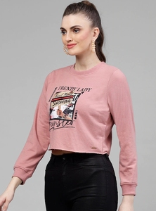 Sudadera Corta Estampada Moderna para Mujer, Cuello Redondo, Manga Larga, Informal, Color Rosa, Tejida, para Otoño - Product Image 6