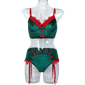 Ensemble de lingerie en dentelle rouge pour femmes, 2 pièces, avec détail nœud, soutien-gorge, culotte et bretelles - Product Image 2