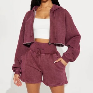 Ensemble pull à capuche oversize et short pour femme, décontracté, hiver, tricot uni, 100% coton, impression par transfert thermique - Product Image 1